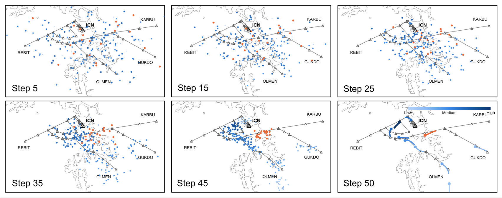 Agent attention from the query aircraft at six steps of the denoising process.